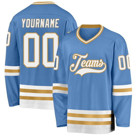 Custom Light Blue White-Old Gold Hockey Jersey - Main View