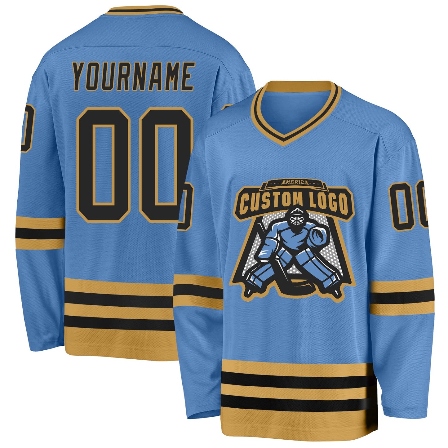 Custom Light Blue Black-Old Gold Hockey Jersey view 2