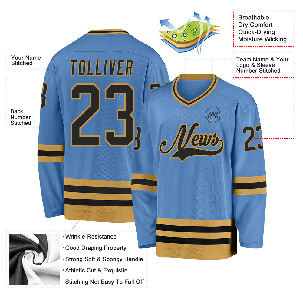 Custom Light Blue Black-Old Gold Hockey Jersey view 3
