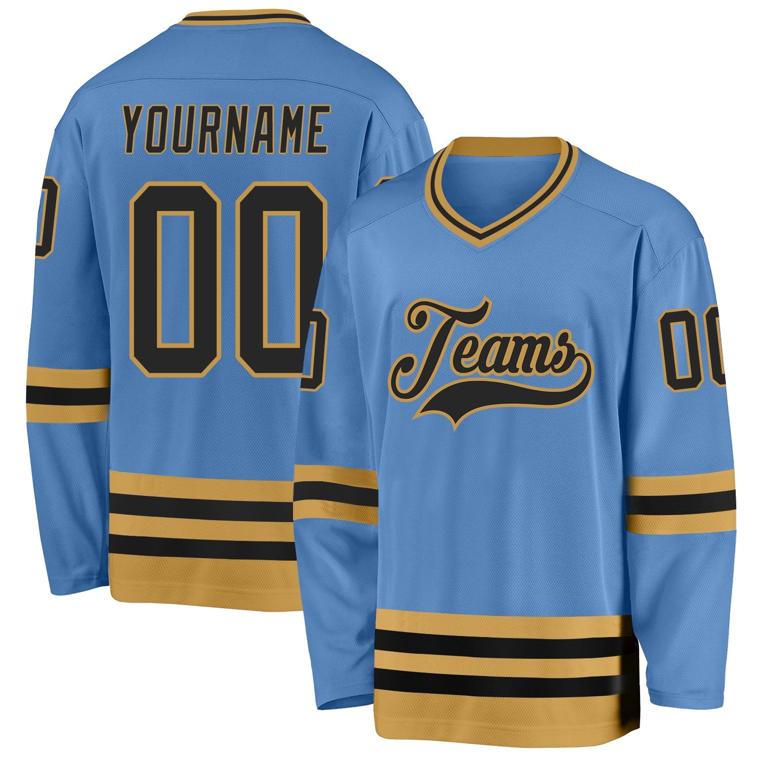 Custom Light Blue Black-Old Gold Hockey Jersey - Main View