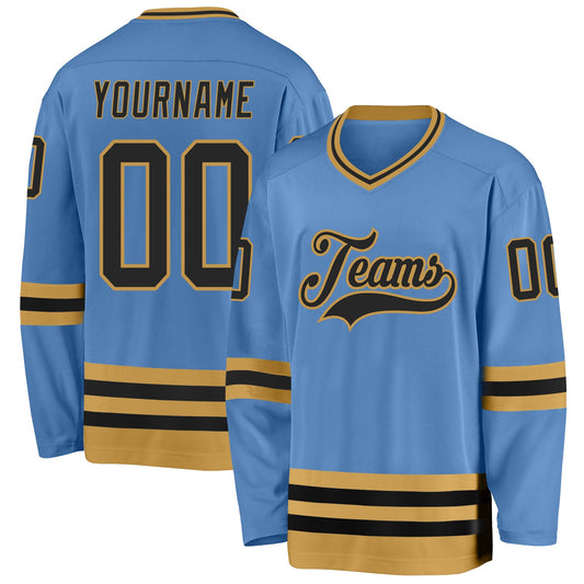 Custom Light Blue Black-Old Gold Hockey Jersey - Main View