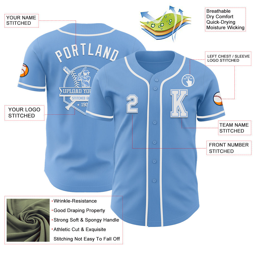 Custom Light Blue White Authentic Baseball Jersey view 6