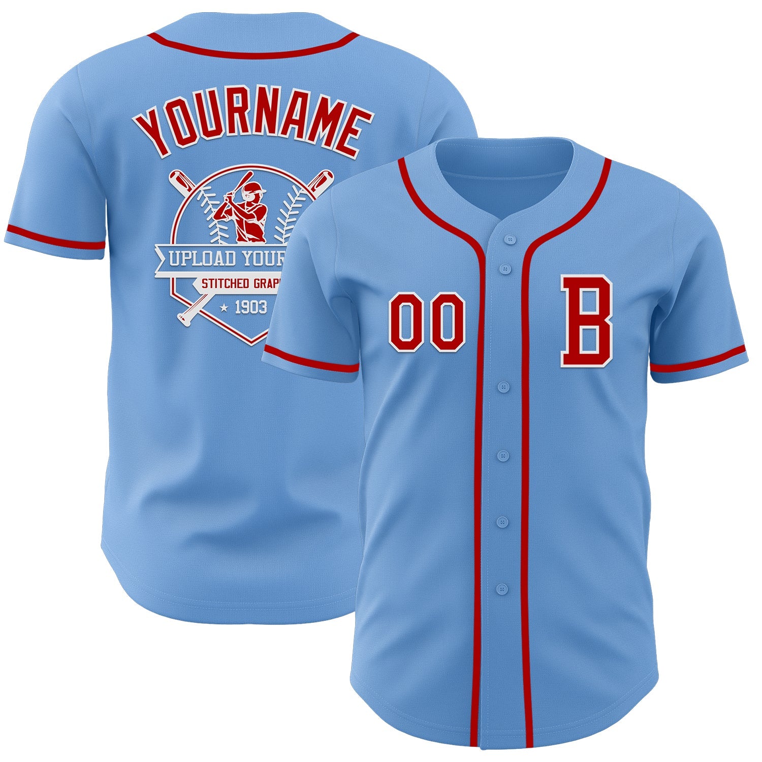 Custom Light Blue Red-White Authentic Baseball Jersey view 5