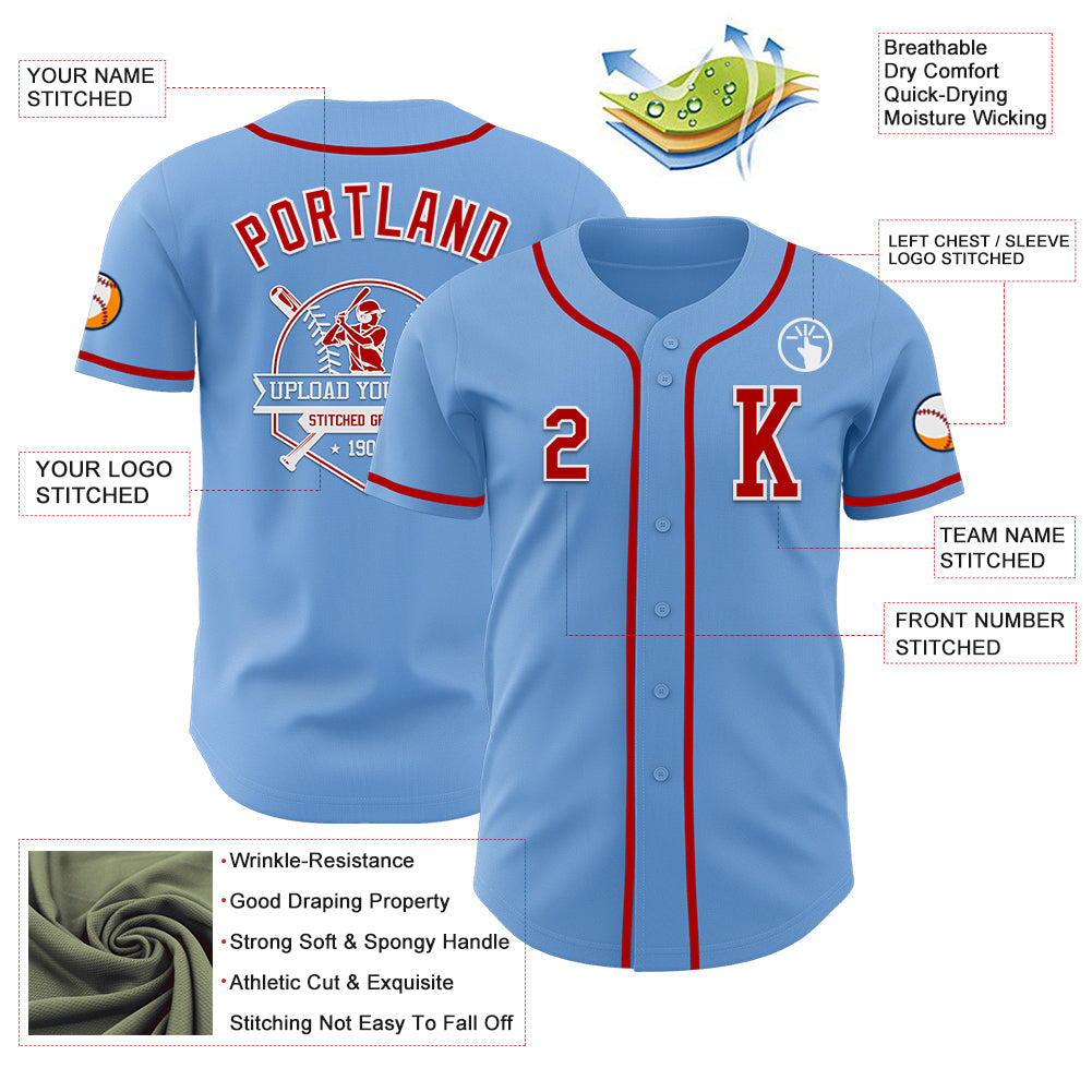 Custom Light Blue Red-White Authentic Baseball Jersey view 6