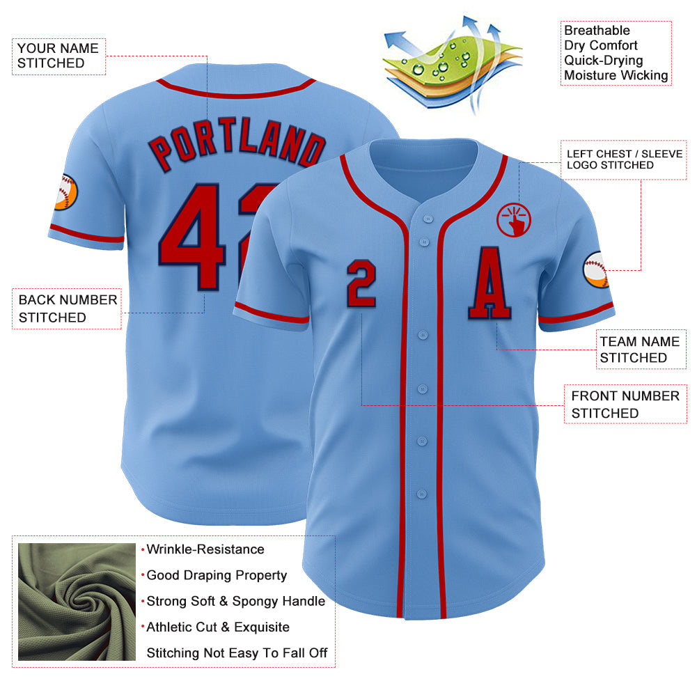 Custom Light Blue Red-Navy Authentic Baseball Jersey view 2