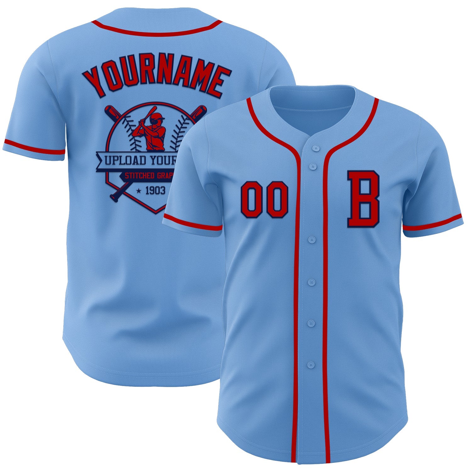 Custom Light Blue Red-Navy Authentic Baseball Jersey view 5