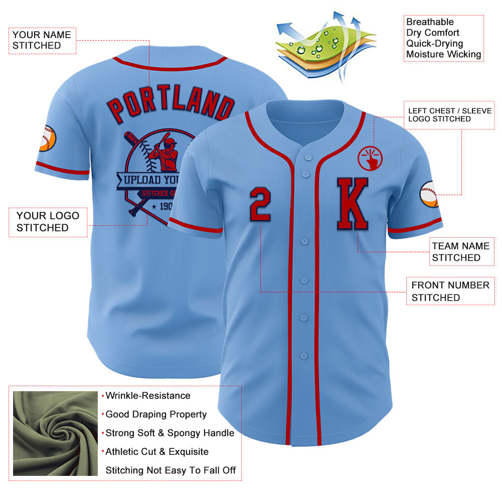 Custom Light Blue Red-Navy Authentic Baseball Jersey view 6