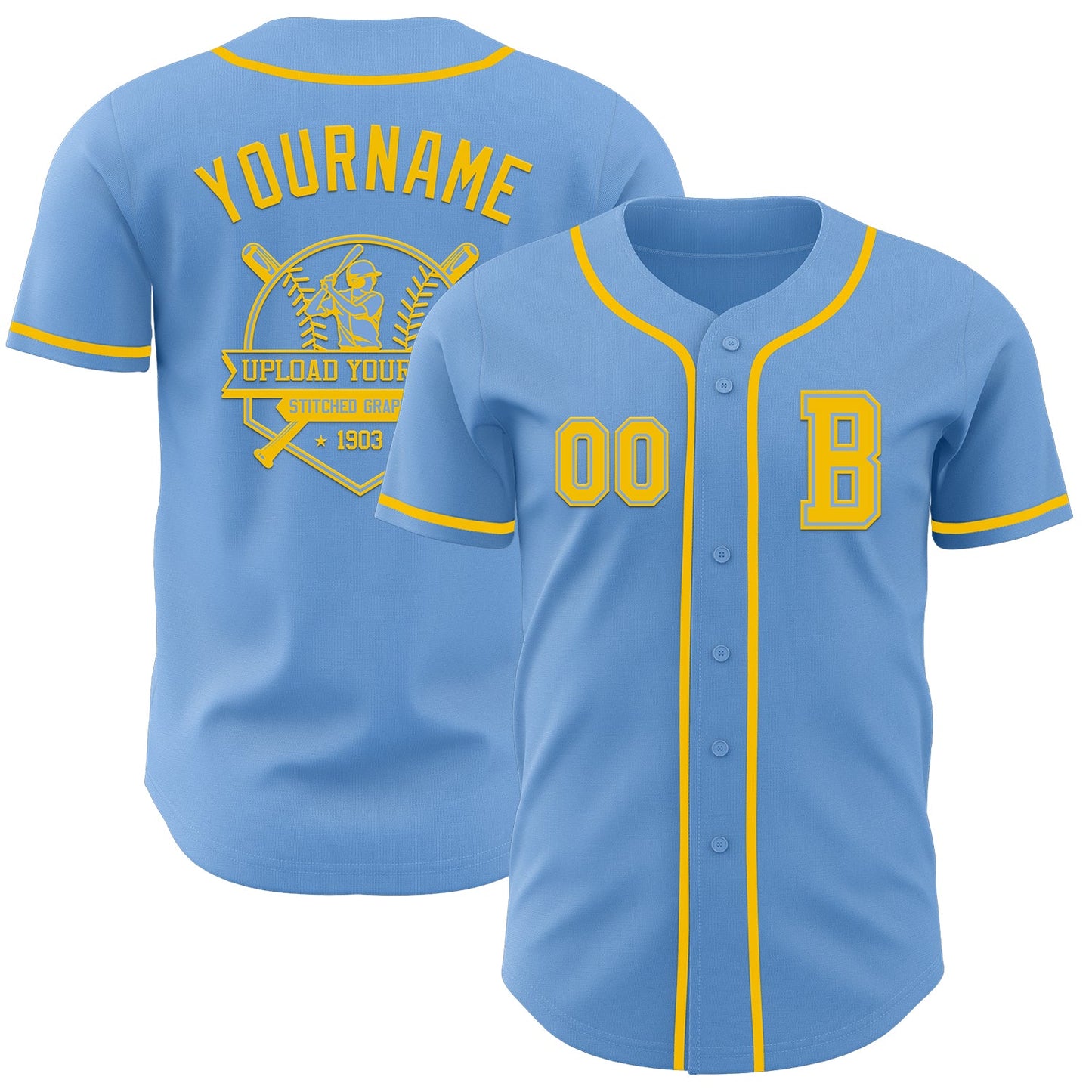Custom Light Blue Yellow Authentic Baseball Jersey view 5