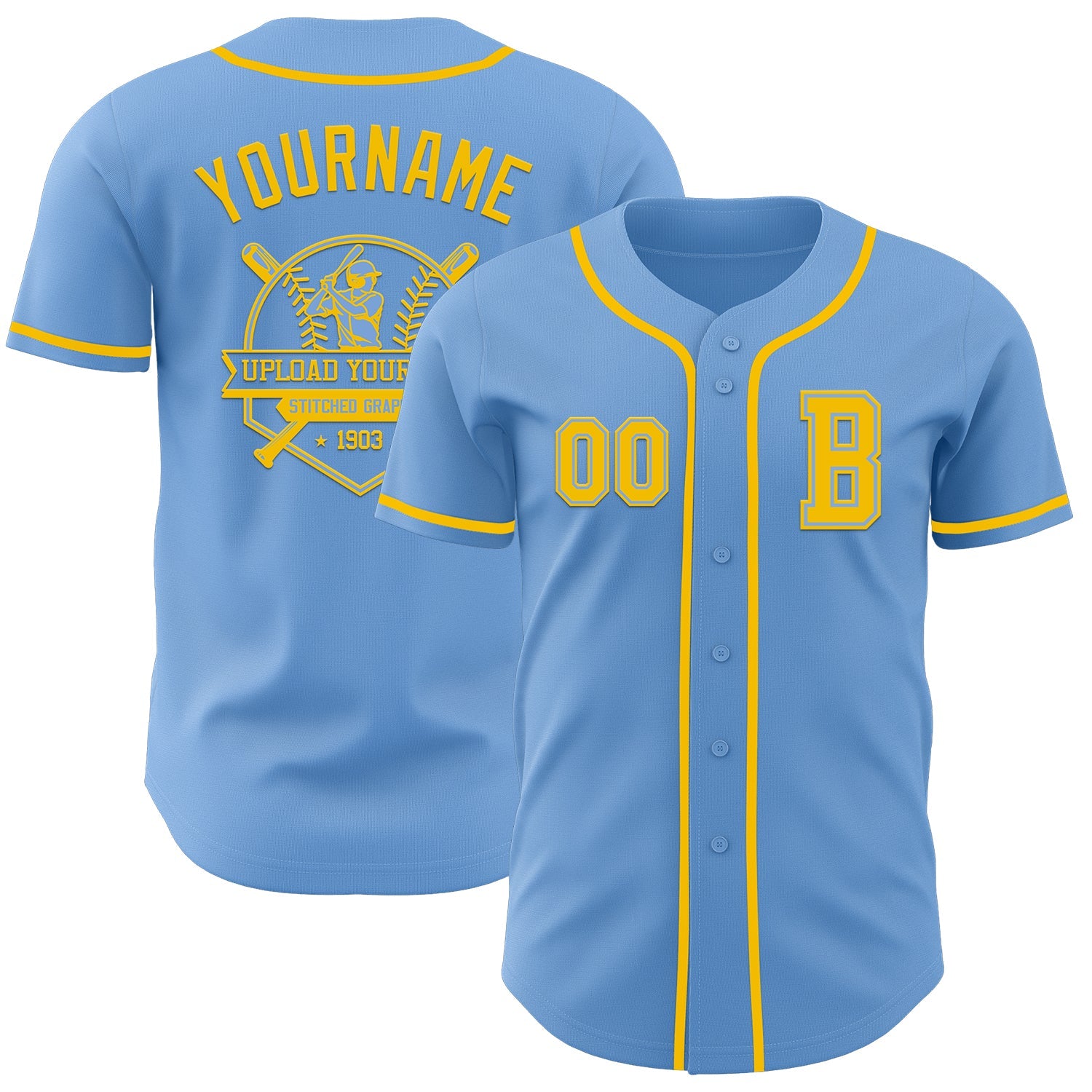Custom Light Blue Yellow Authentic Baseball Jersey view 5