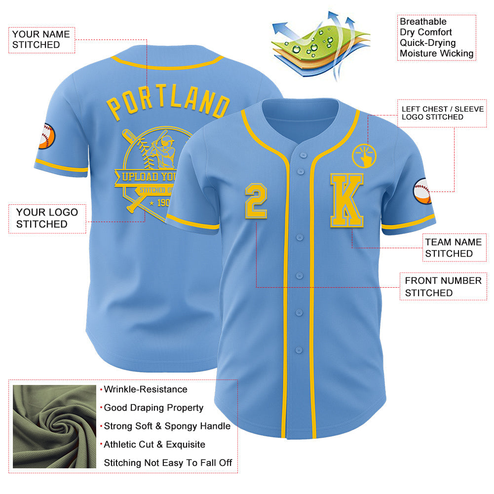 Custom Light Blue Yellow Authentic Baseball Jersey view 6