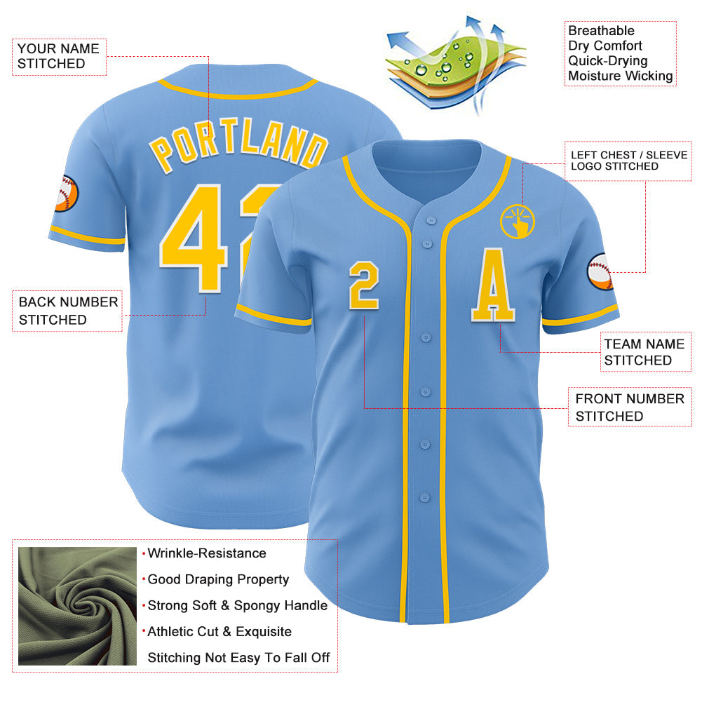 Custom Light Blue Yellow-White Authentic Baseball Jersey view 2