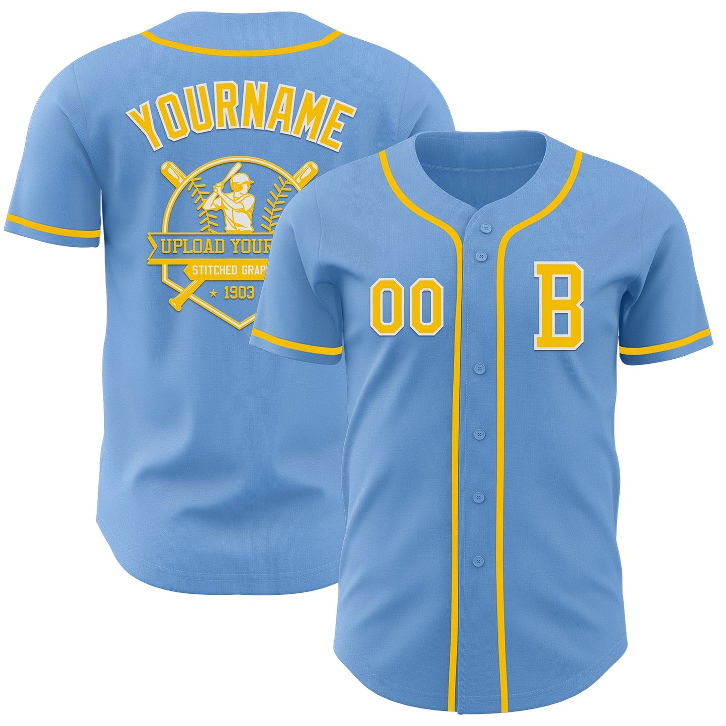 Custom Light Blue Yellow-White Authentic Baseball Jersey view 5