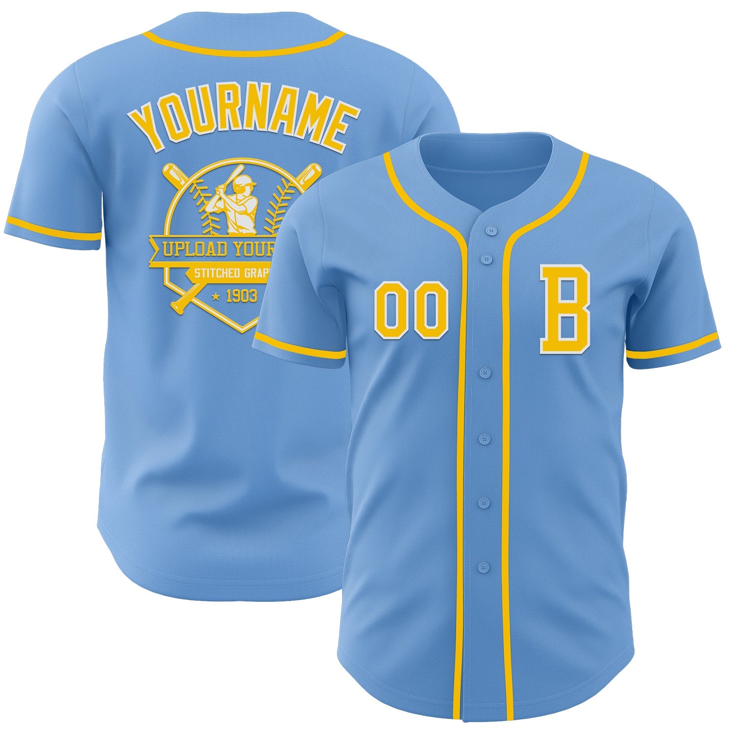 Custom Light Blue Yellow-White Authentic Baseball Jersey view 5