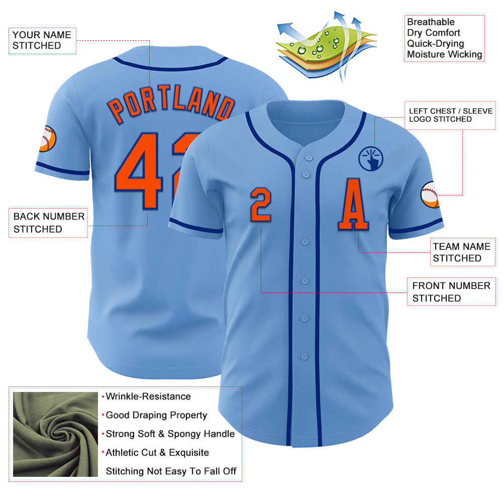 Custom Light Blue Orange-Royal Authentic Baseball Jersey view 2