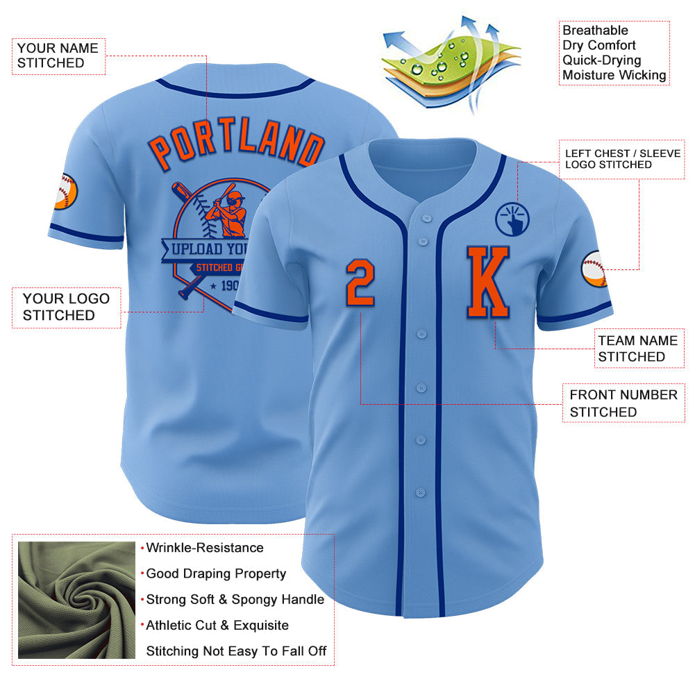 Custom Light Blue Orange-Royal Authentic Baseball Jersey view 6