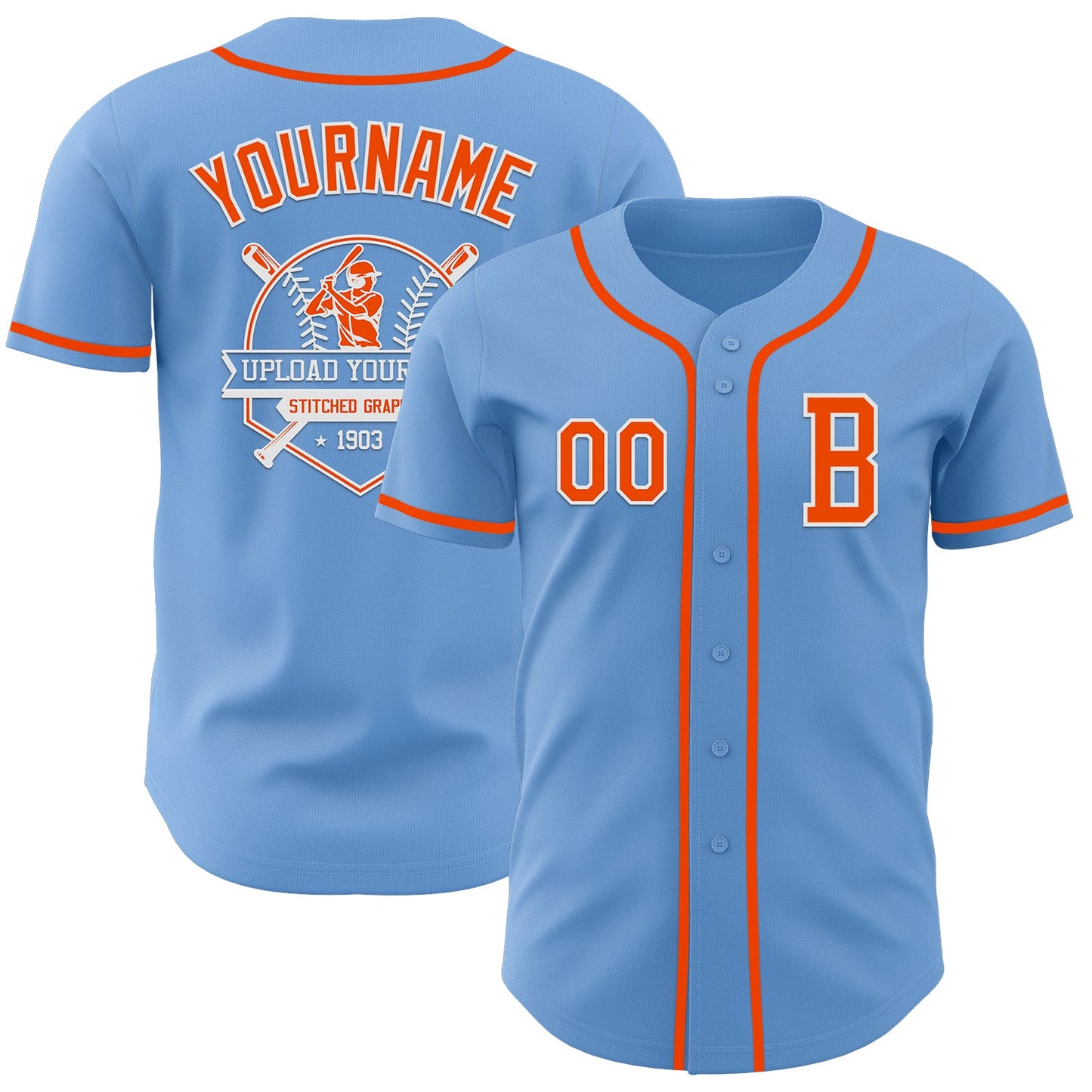 Custom Light Blue Orange-White Authentic Baseball Jersey view 5
