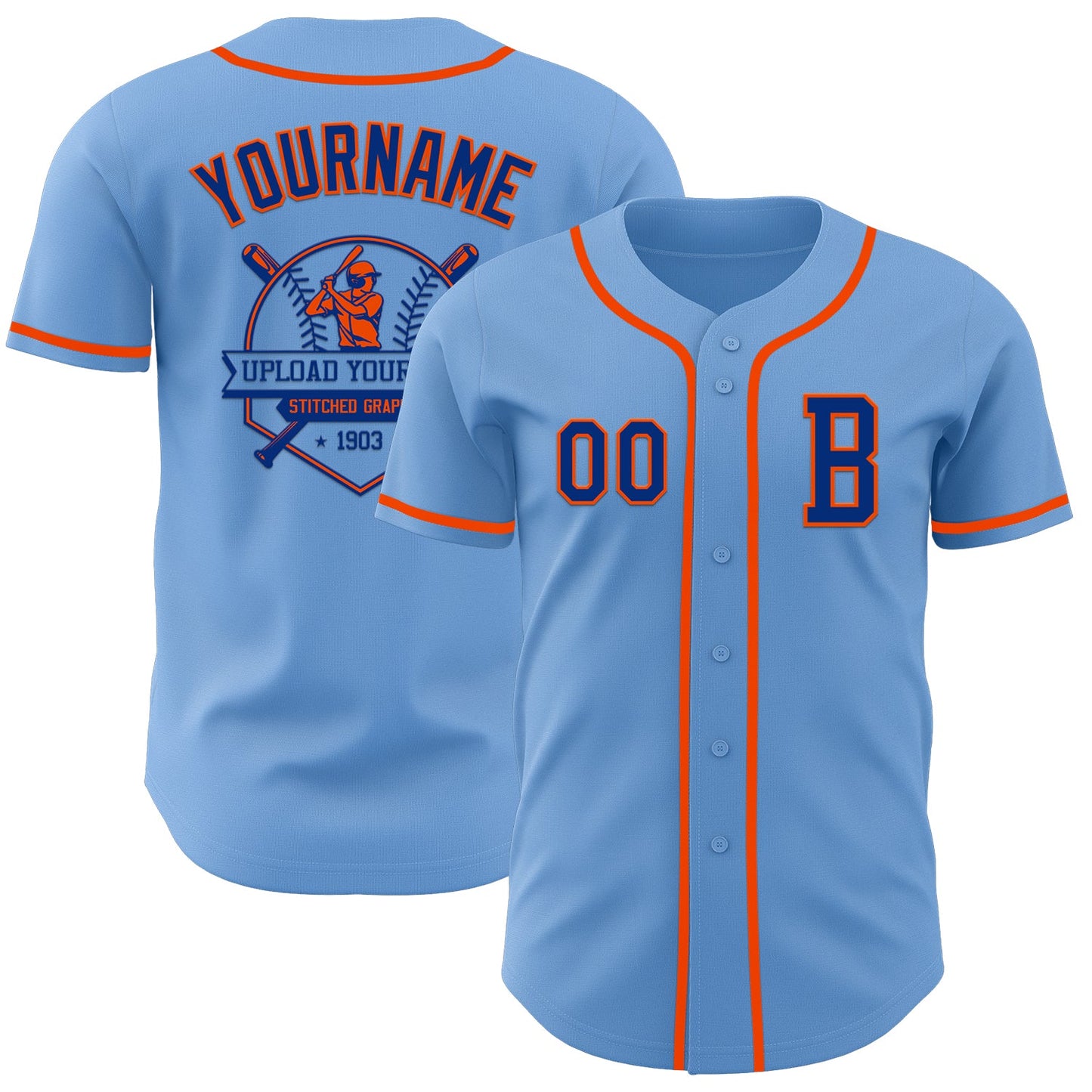 Custom Light Blue Royal-Orange Authentic Baseball Jersey view 5
