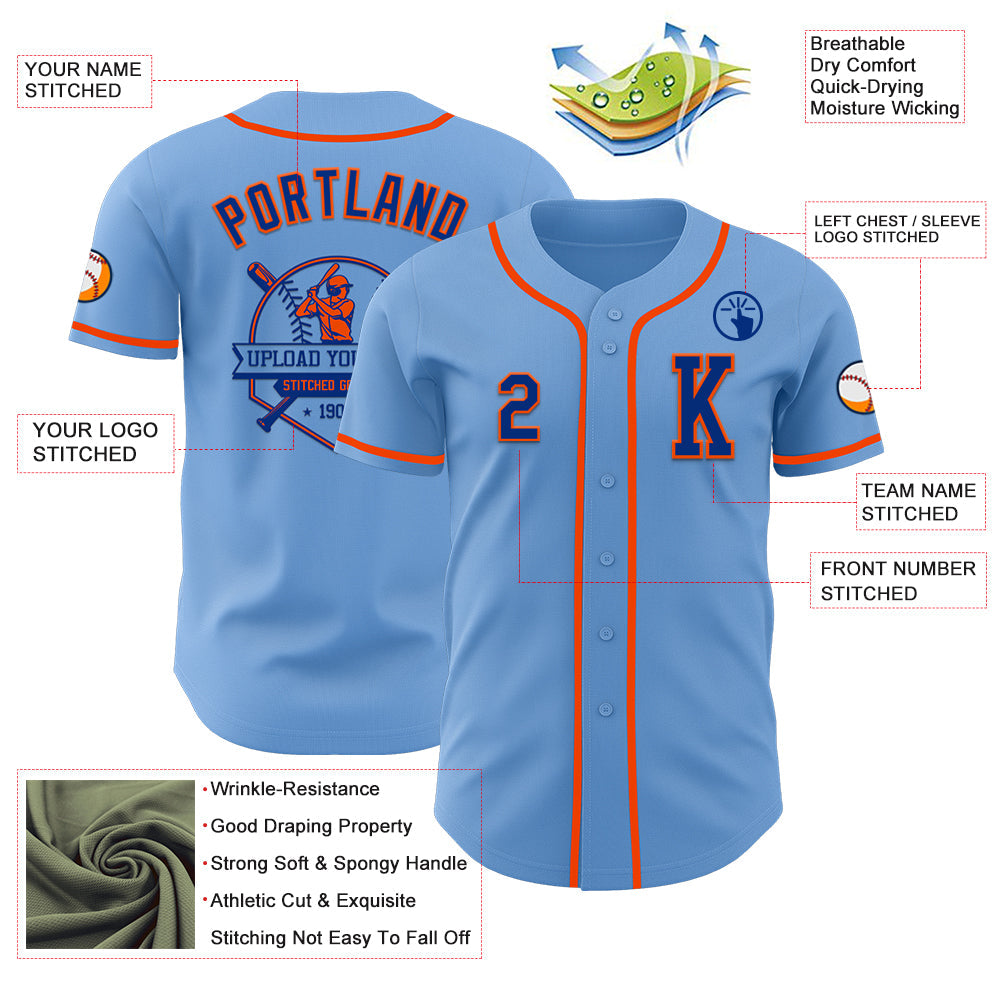 Custom Light Blue Royal-Orange Authentic Baseball Jersey view 6