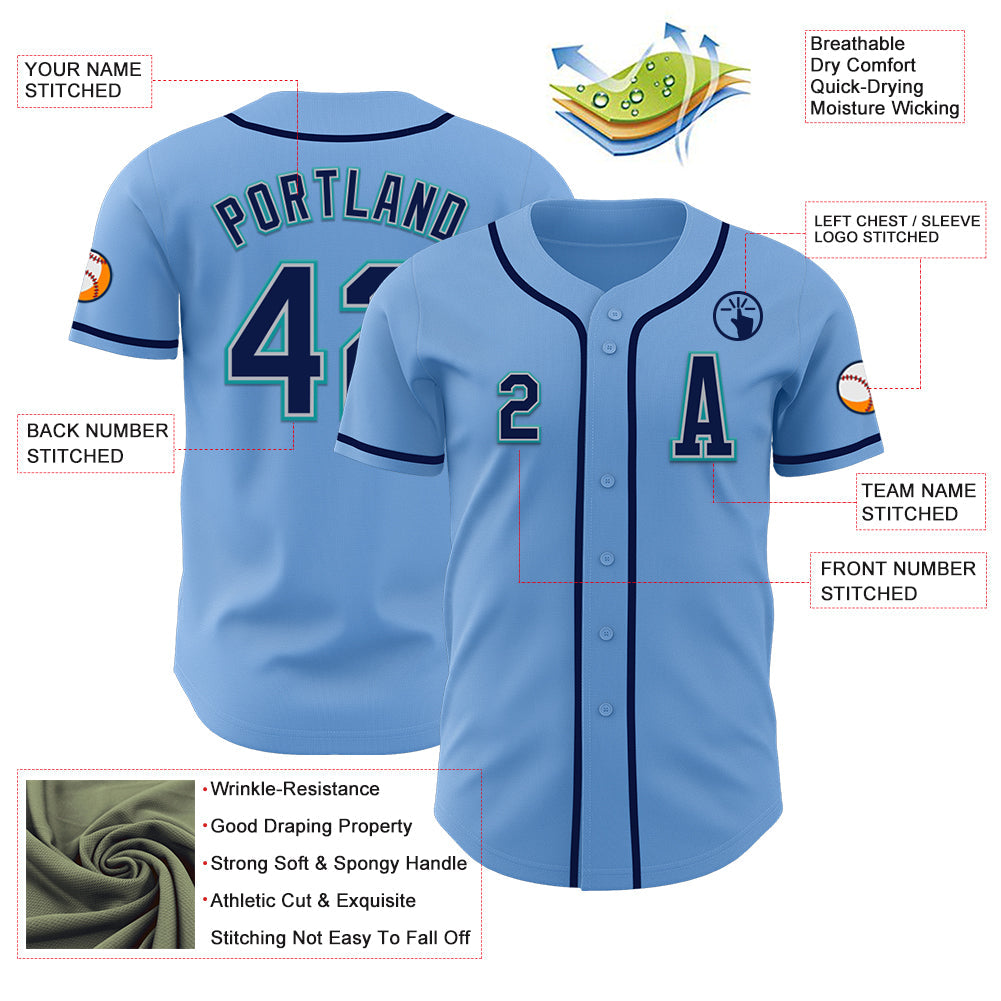 Custom Light Blue Navy Gray-Teal Authentic Baseball Jersey view 2