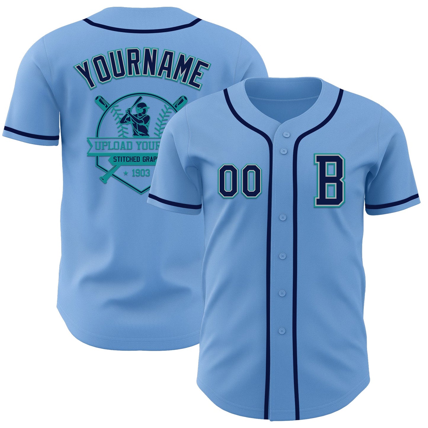 Custom Light Blue Navy Gray-Teal Authentic Baseball Jersey view 5