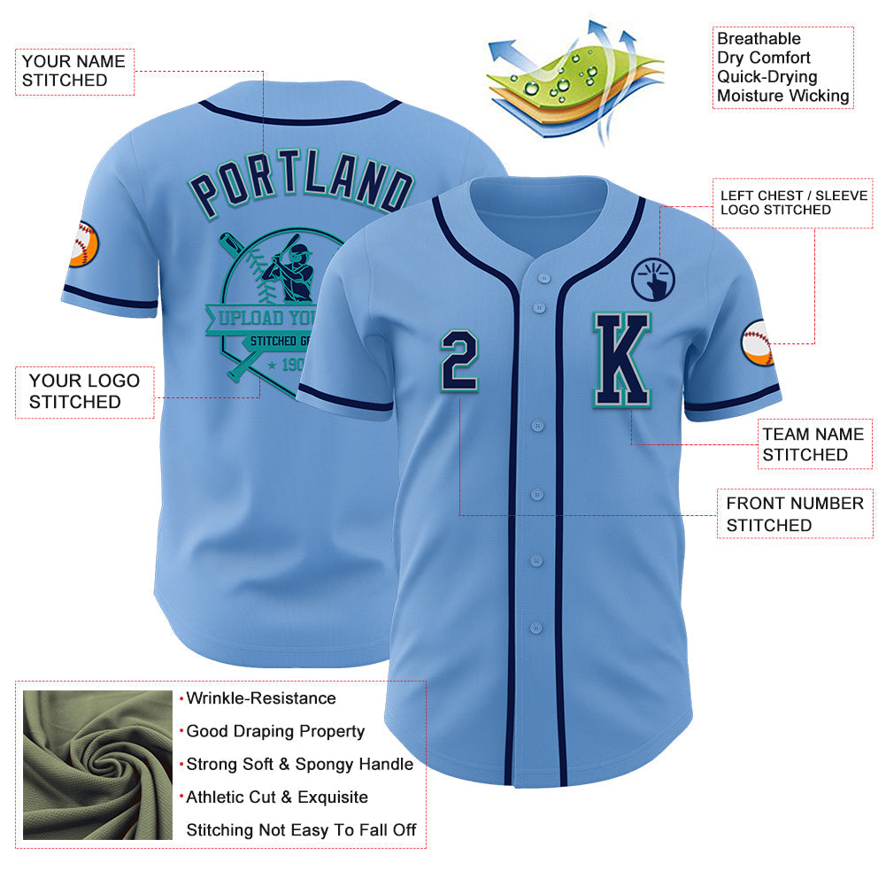 Custom Light Blue Navy Gray-Teal Authentic Baseball Jersey view 6