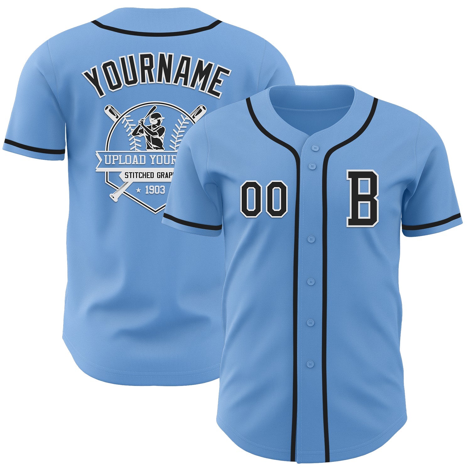 Custom Light Blue Black-White Authentic Baseball Jersey view 5