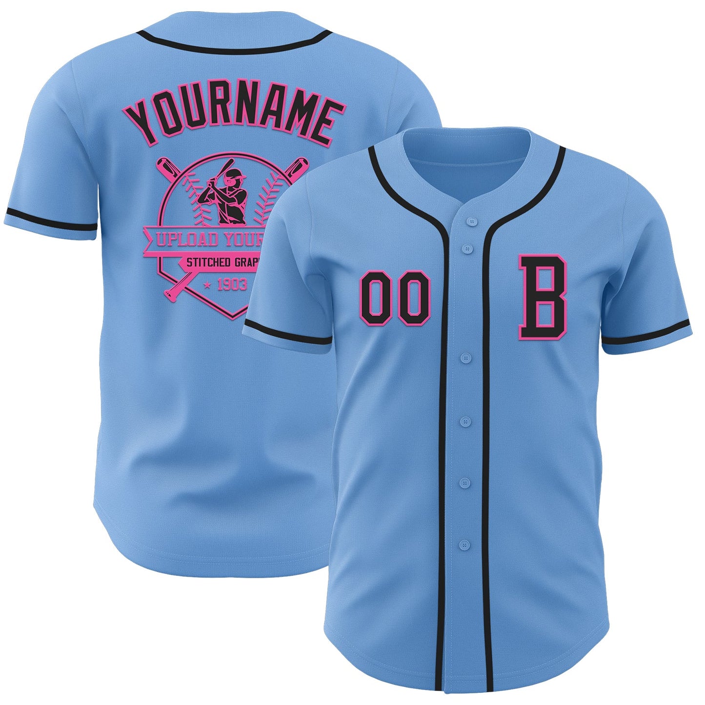Custom Light Blue Black-Pink Authentic Baseball Jersey view 5