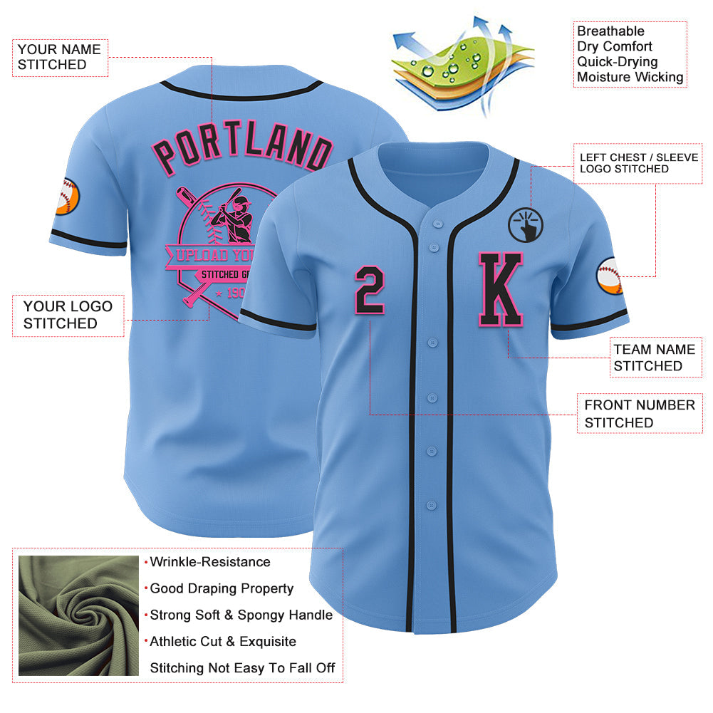 Custom Light Blue Black-Pink Authentic Baseball Jersey view 6