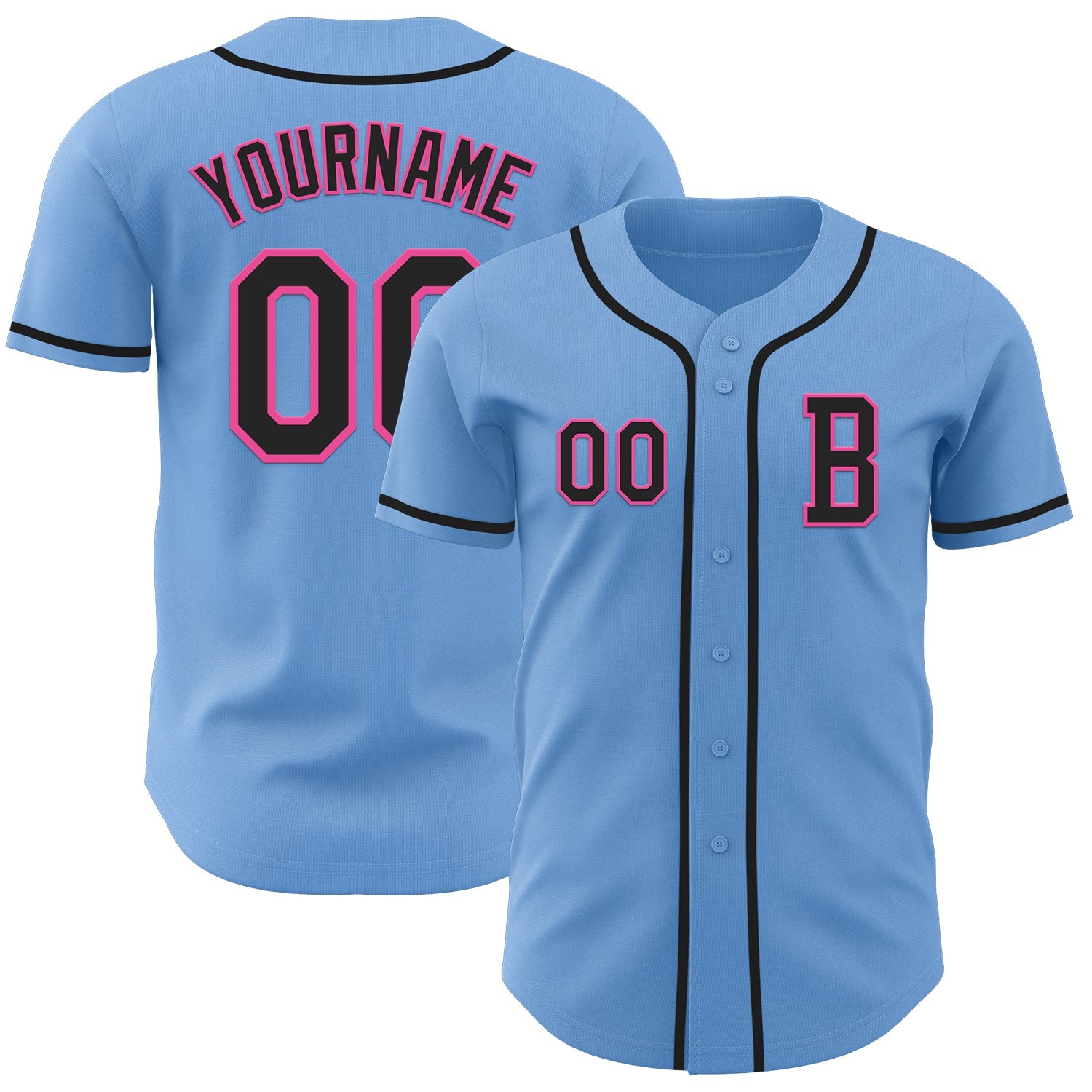 Custom Light Blue Black-Pink Authentic Baseball Jersey - Main View