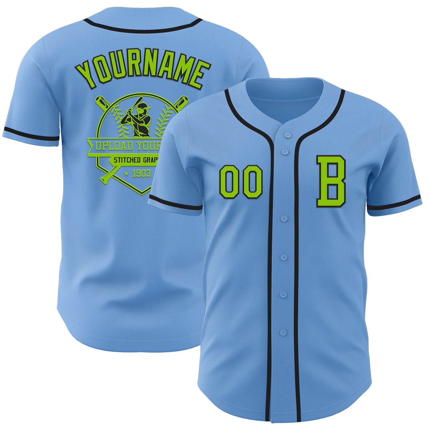 Custom Light Blue Neon Green-Black Authentic Baseball Jersey view 5