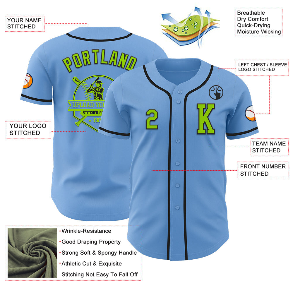 Custom Light Blue Neon Green-Black Authentic Baseball Jersey view 6