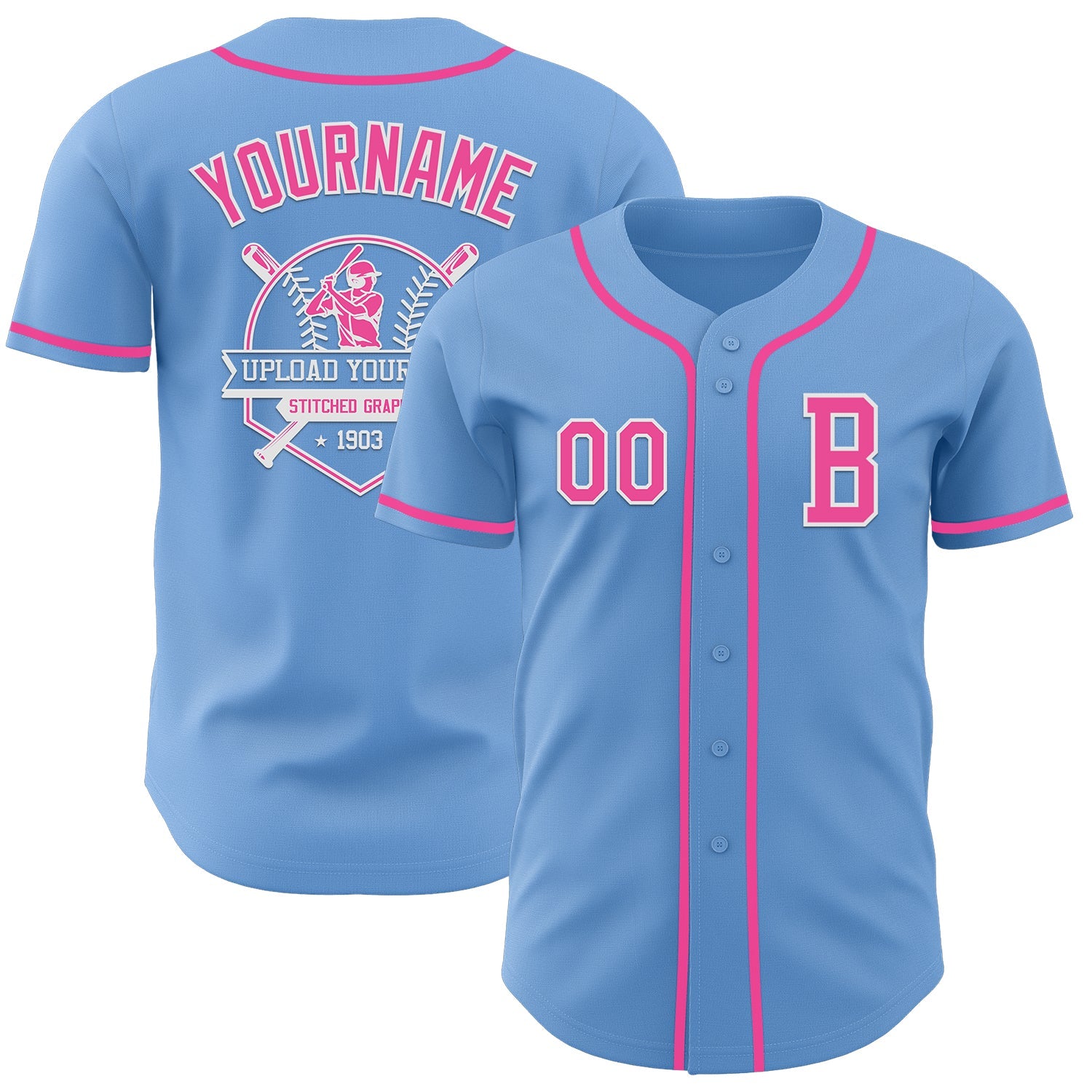 Custom Light Blue Pink-White Authentic Baseball Jersey view 5