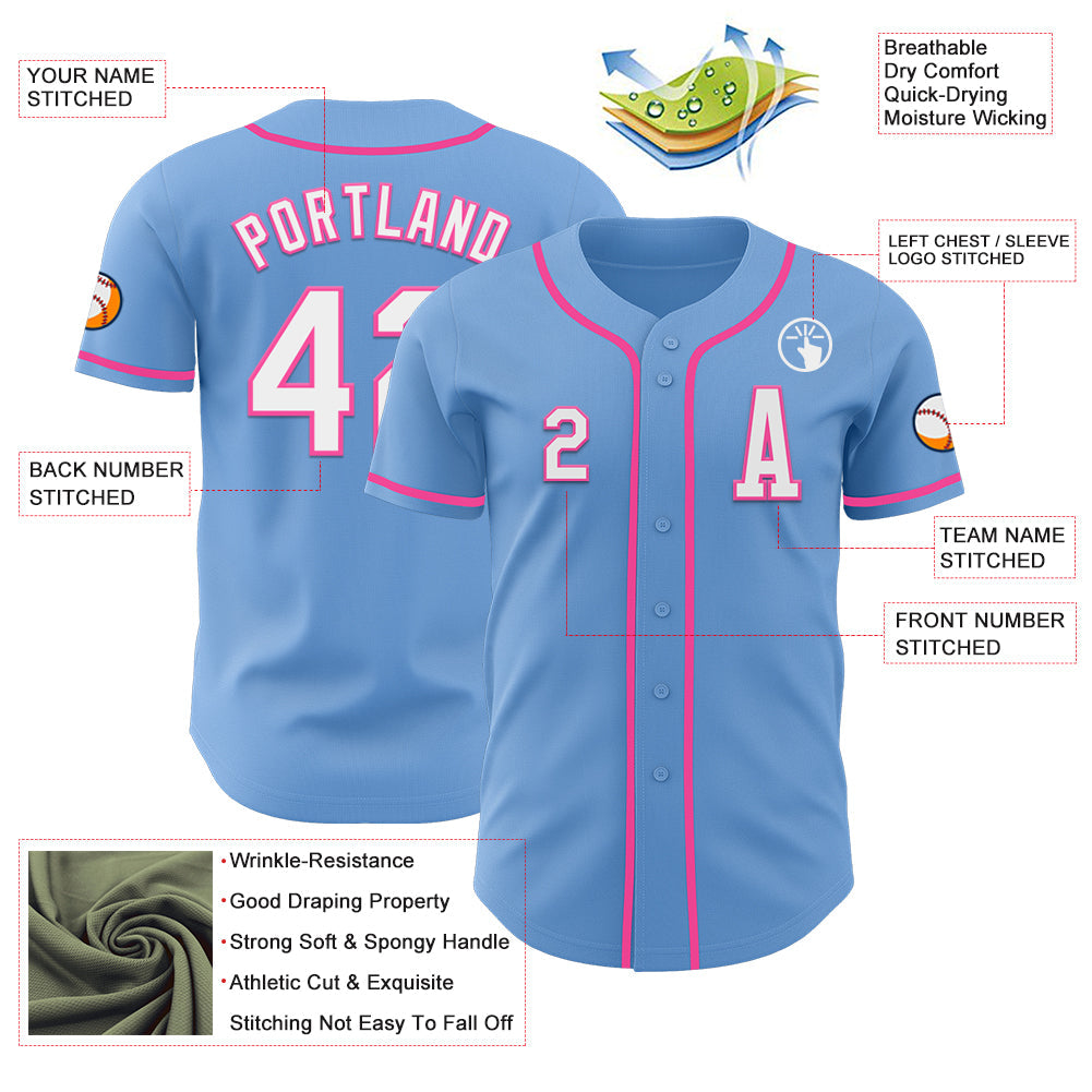 Custom Light Blue White-Pink Authentic Baseball Jersey view 2