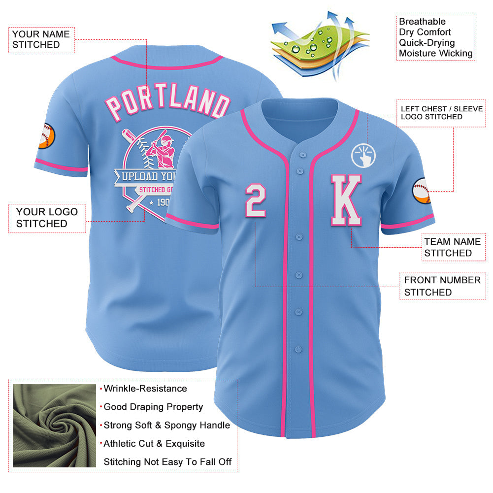 Custom Light Blue White-Pink Authentic Baseball Jersey view 6