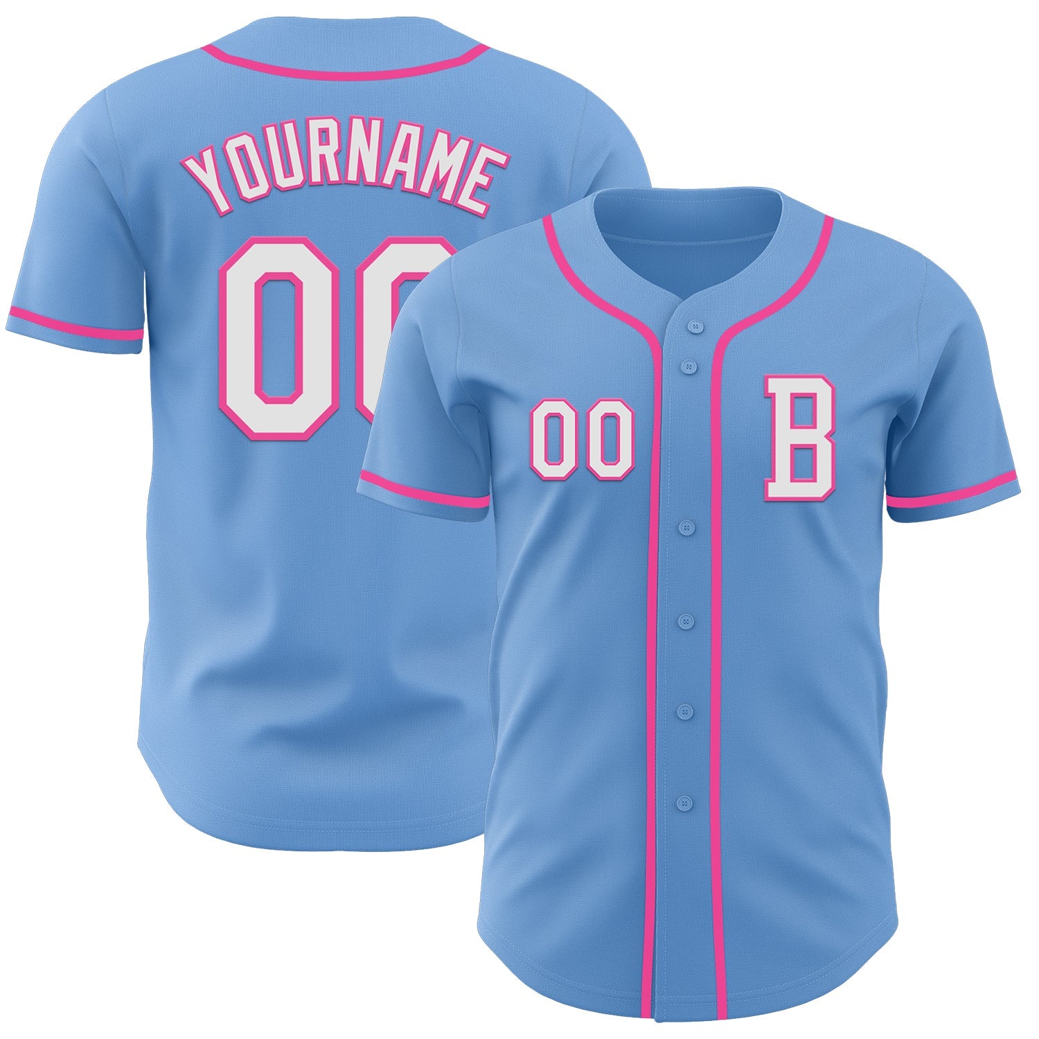 Custom Light Blue White-Pink Authentic Baseball Jersey - Main View