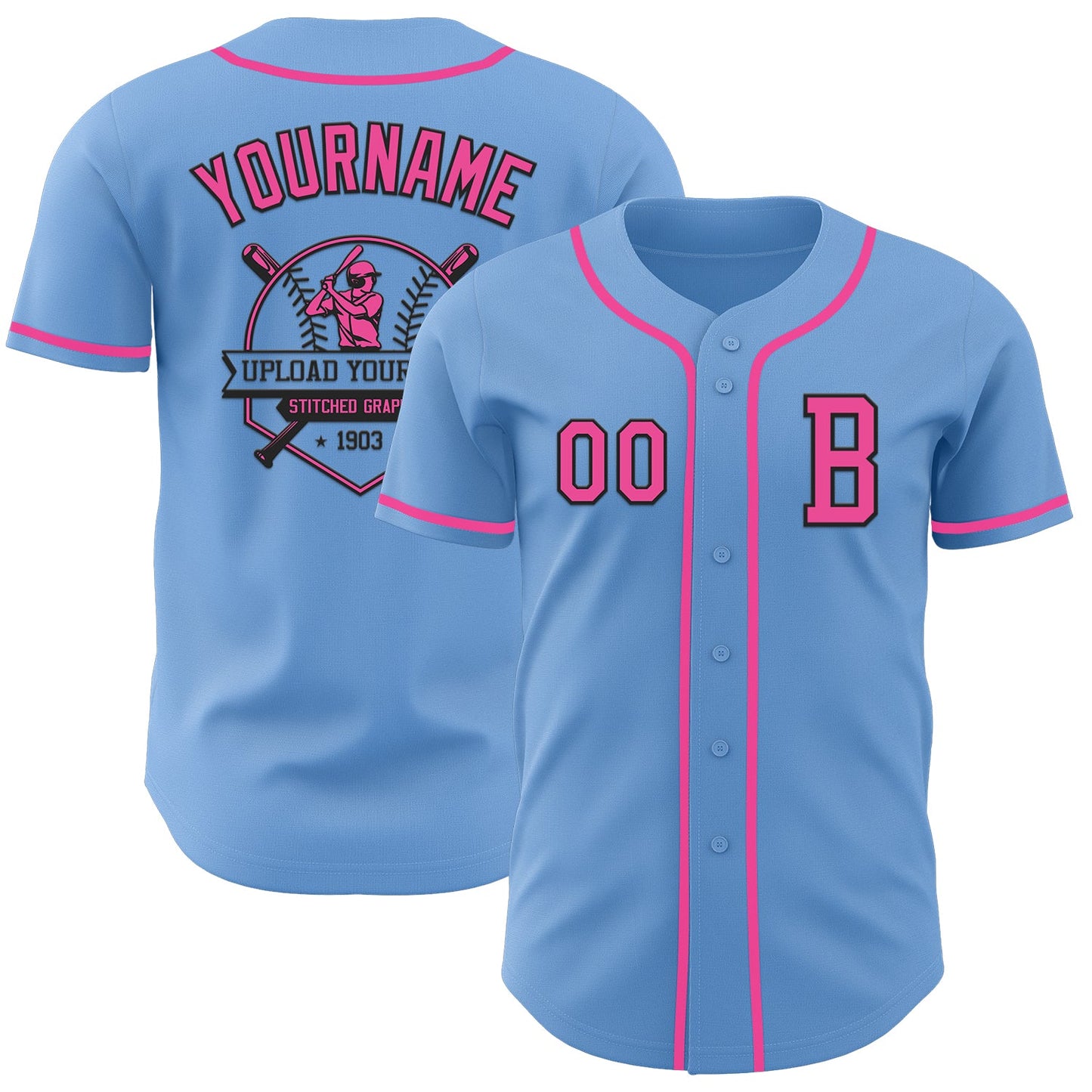 Custom Light Blue Pink-Black Authentic Baseball Jersey view 5