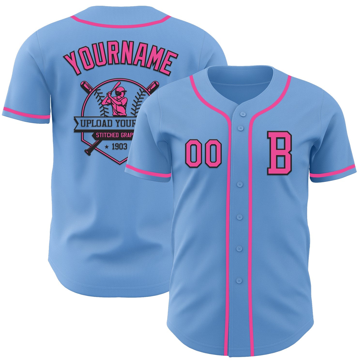 Custom Light Blue Pink-Black Authentic Baseball Jersey view 5