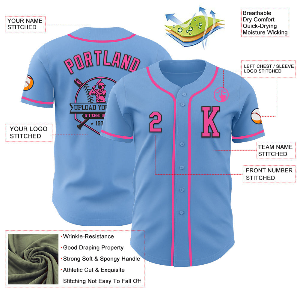 Custom Light Blue Pink-Black Authentic Baseball Jersey view 6