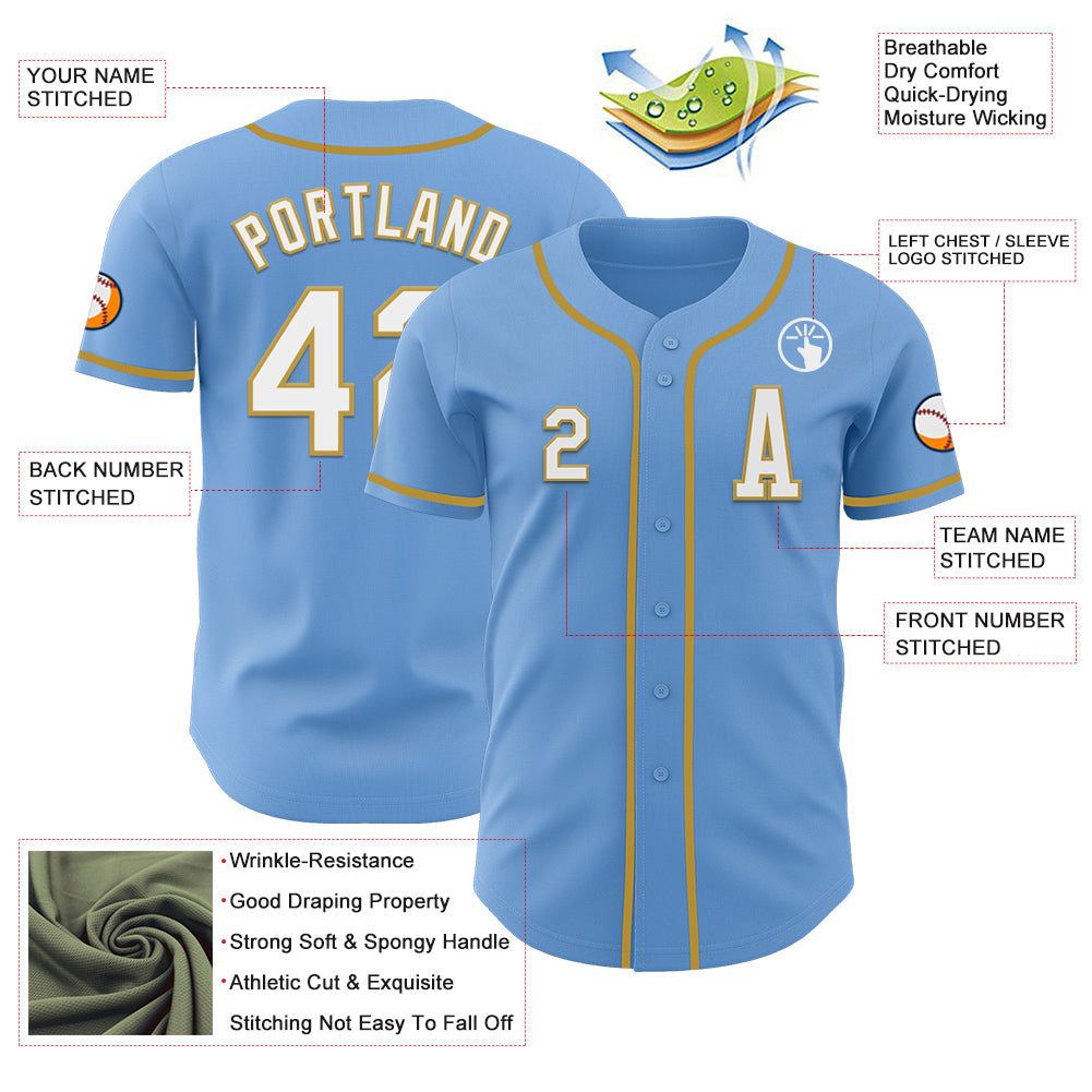 Custom Light Blue White-Old Gold Authentic Baseball Jersey view 2