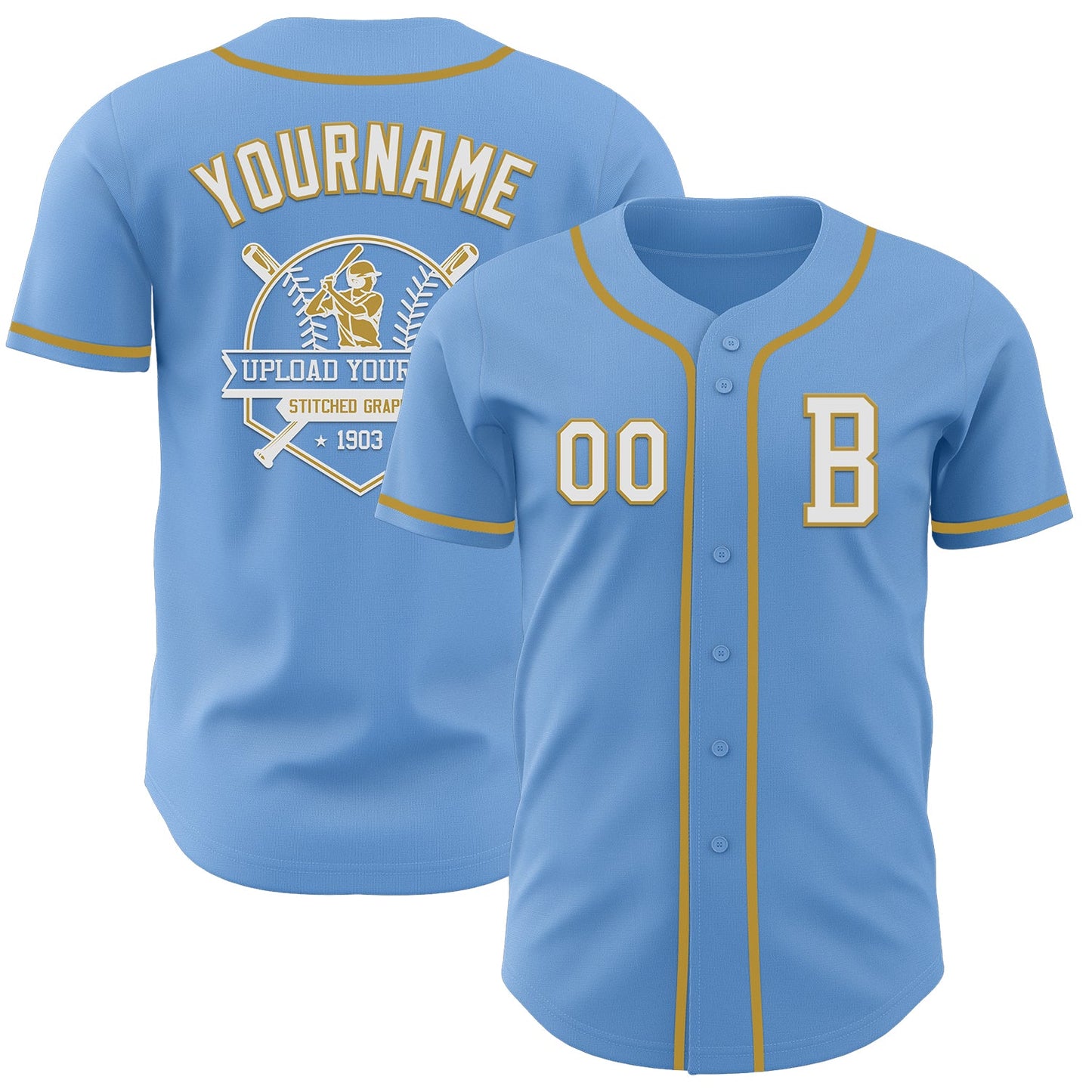 Custom Light Blue White-Old Gold Authentic Baseball Jersey view 5
