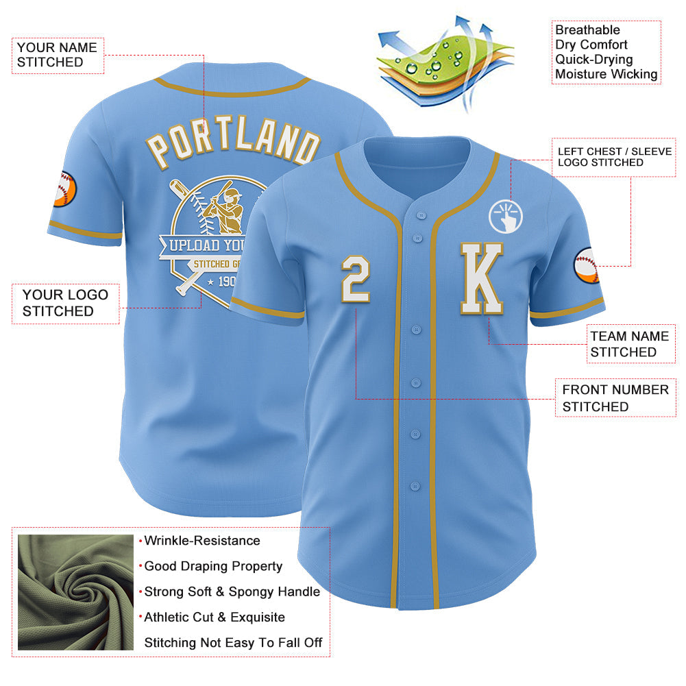Custom Light Blue White-Old Gold Authentic Baseball Jersey view 6
