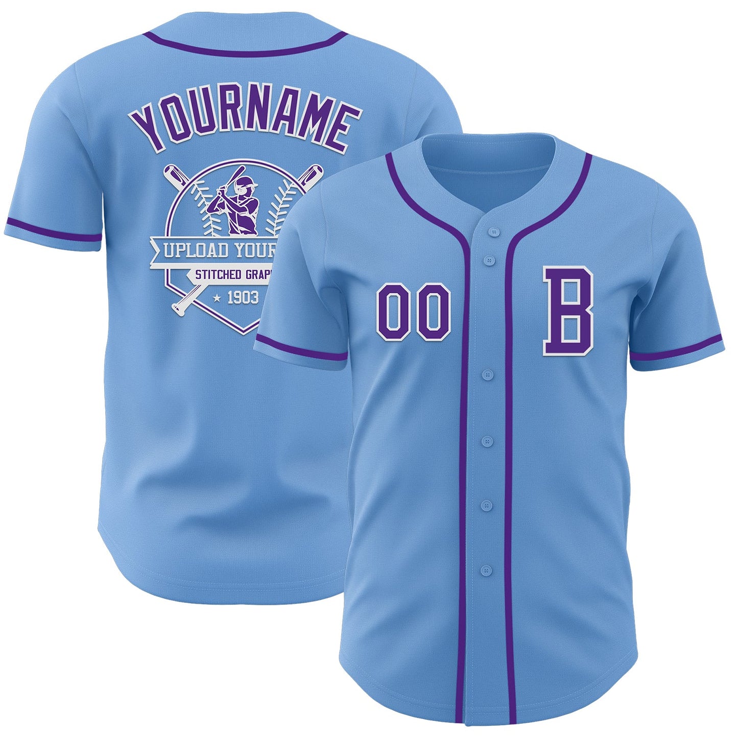 Custom Light Blue Purple-White Authentic Baseball Jersey view 5