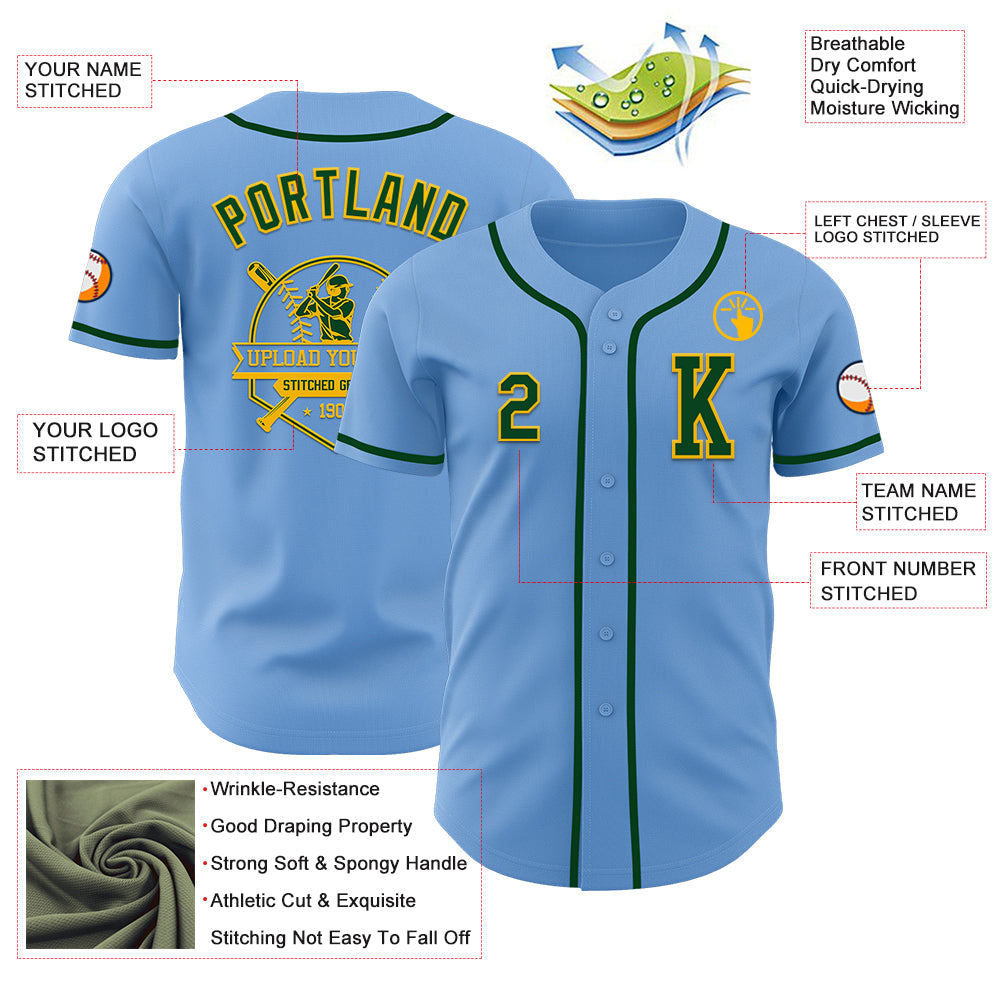 Custom Light Blue Green-Gold Authentic Baseball Jersey view 6