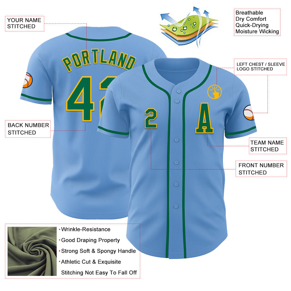 Custom Light Blue Kelly Green-Gold Authentic Baseball Jersey view 2
