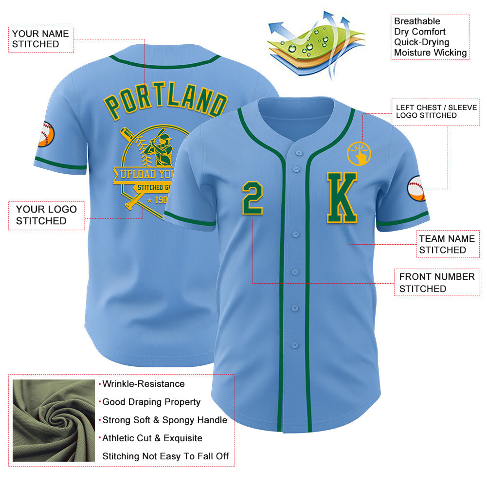 Custom Light Blue Kelly Green-Gold Authentic Baseball Jersey view 6