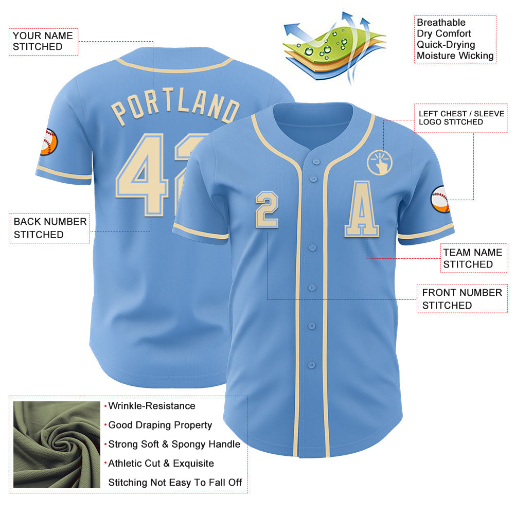 Custom Light Blue Cream Authentic Baseball Jersey view 2