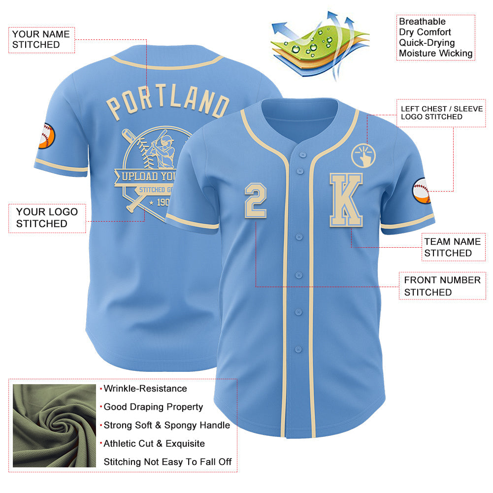 Custom Light Blue Cream Authentic Baseball Jersey view 6