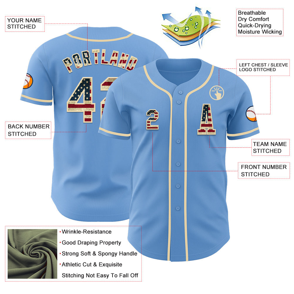Custom Light Blue Vintage USA Flag-Cream Authentic Baseball Jersey view 2