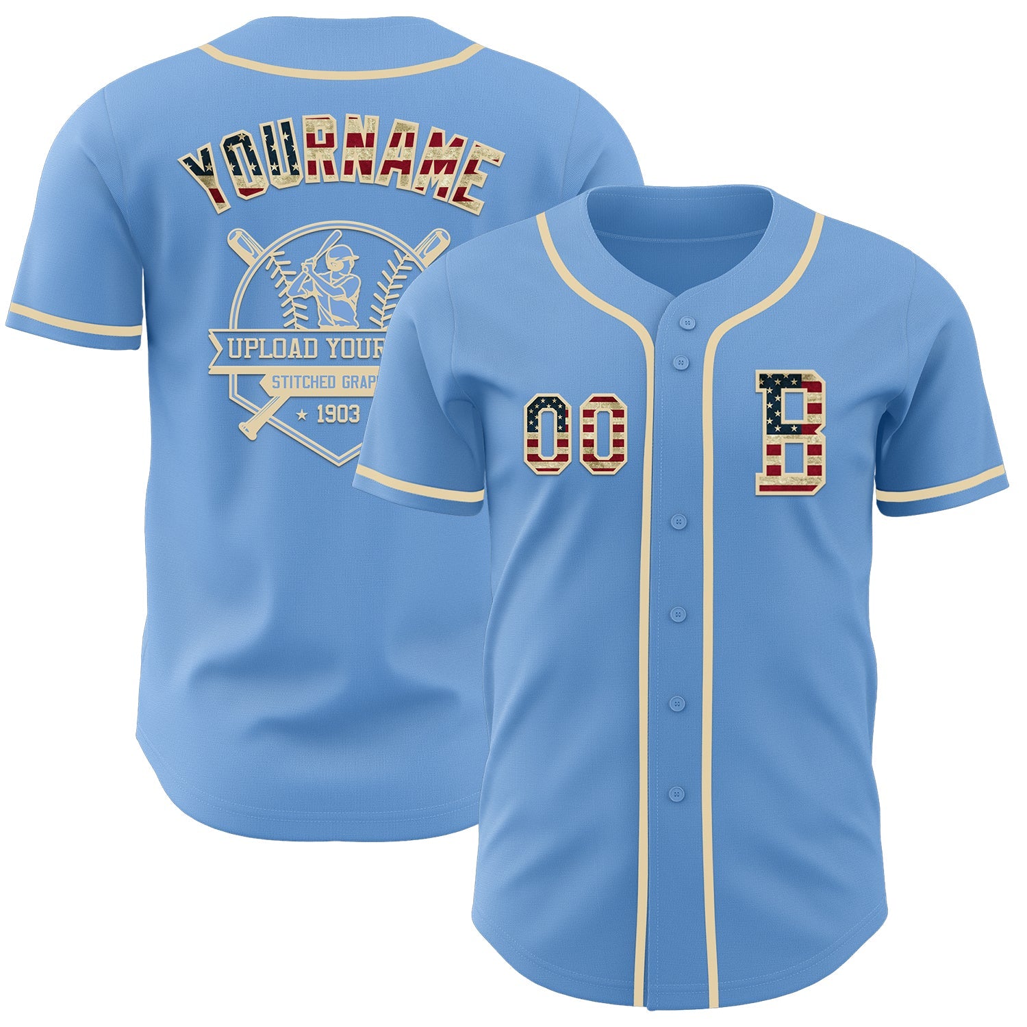 Custom Light Blue Vintage USA Flag-Cream Authentic Baseball Jersey view 5