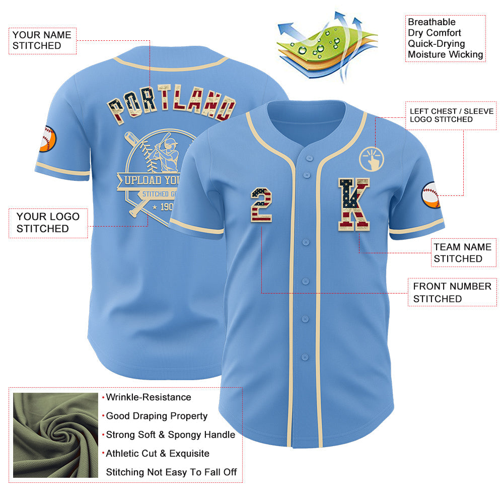 Custom Light Blue Vintage USA Flag-Cream Authentic Baseball Jersey view 6